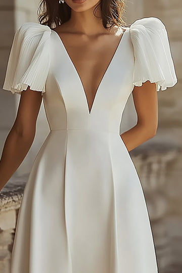 A Line V-Neck Ivory Long Engagement Dress
